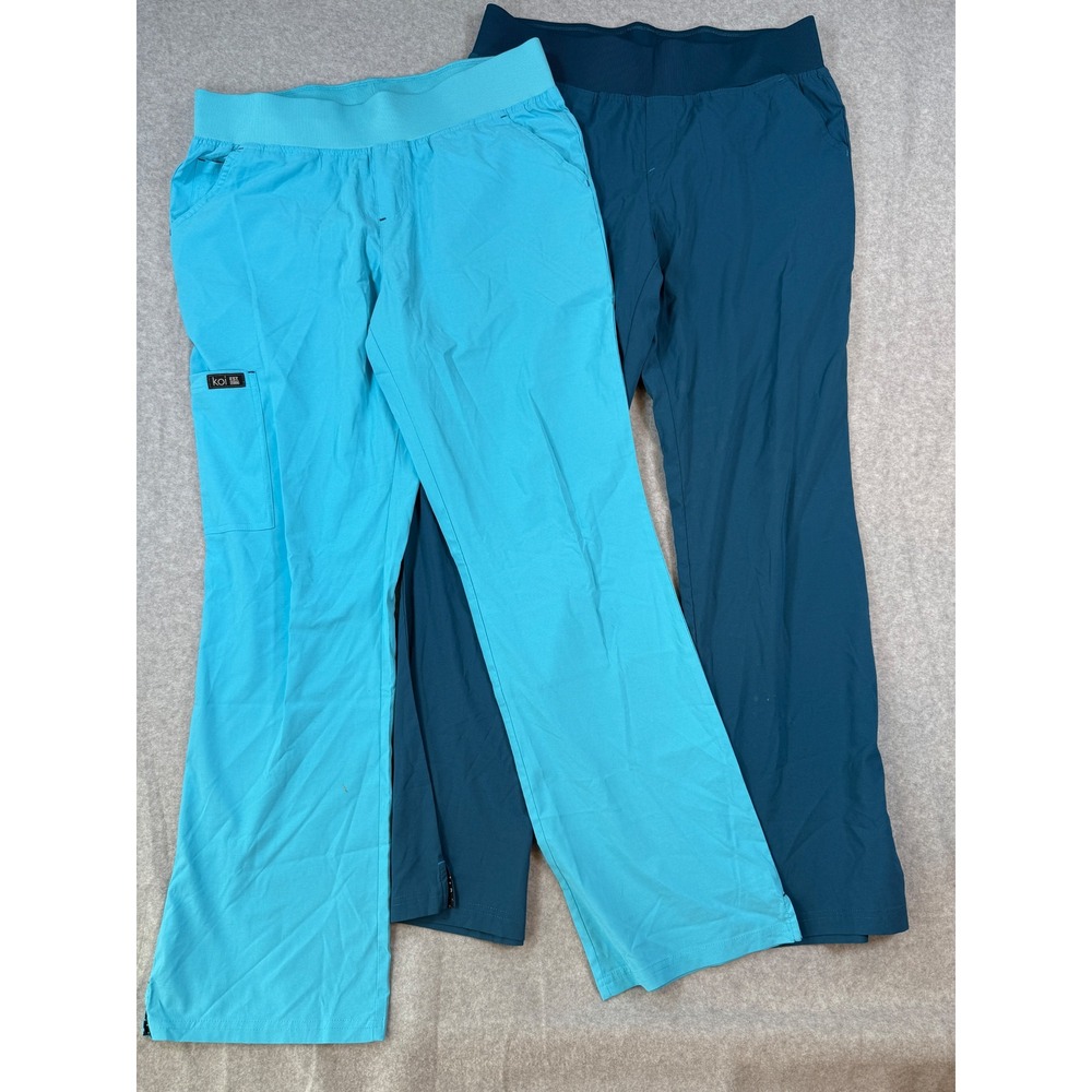 Koi Basics M Regular Scrub Pants Set 2 Blue Teal Yoga Waist Stretch Cargo